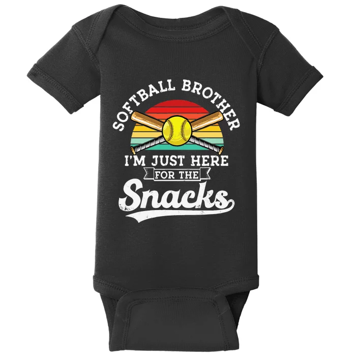 Softball Brother Im Just Here For The Snacks Retro Softball Baby Bodysuit