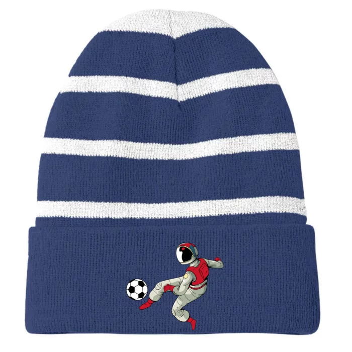 Soccer Ball Kick Astronaut Spaceman Cool Sports Lovers Gift Striped Beanie with Solid Band