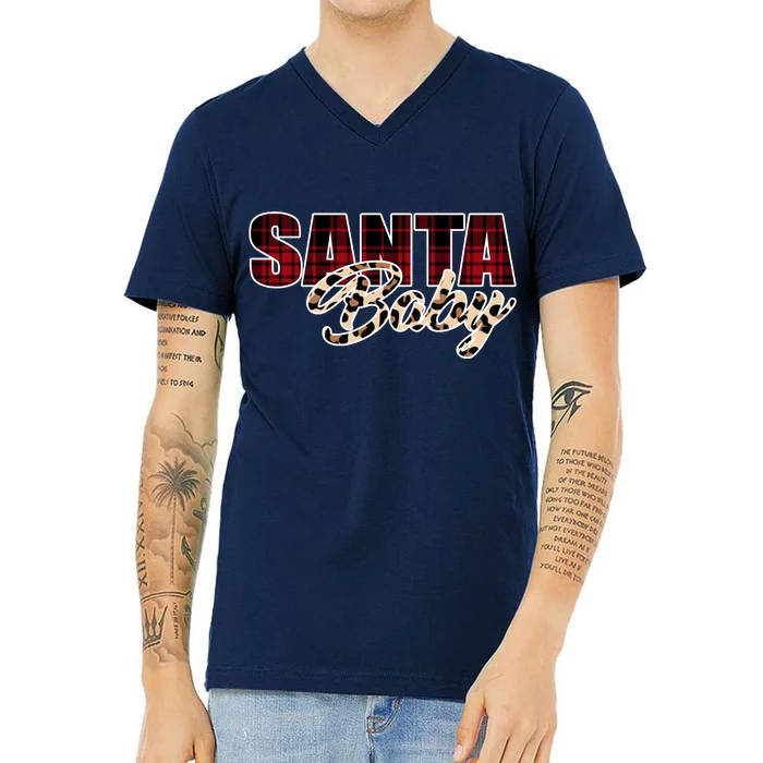 Santa Baby Leopard Christmas Pattern Logo V-Neck T-Shirt