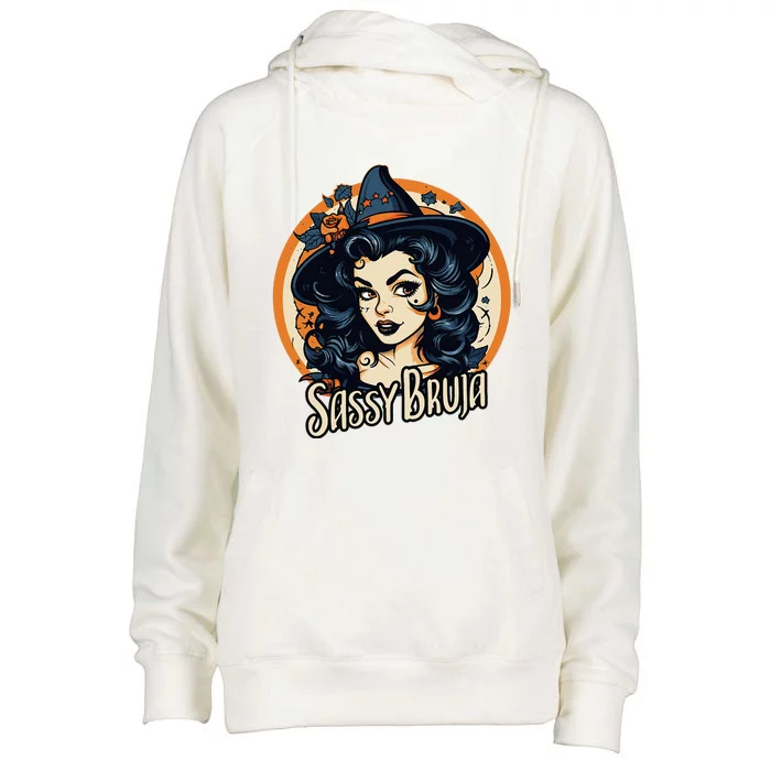 Sassy Bruja Latina Mexican Halloween Witch Womens Funnel Neck Pullover Hood