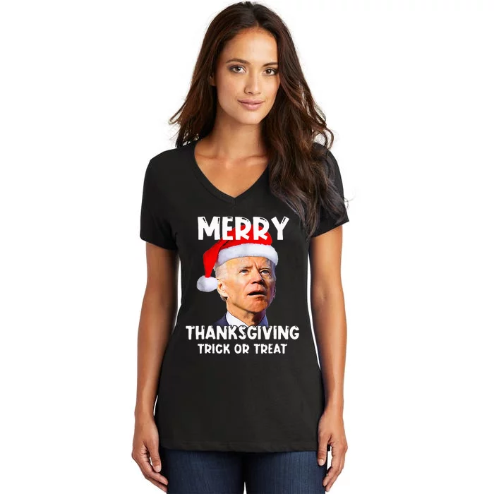 Santa Biden Merry Thanksgiving Trick Or Treat Christmas Meme Women's V-Neck T-Shirt