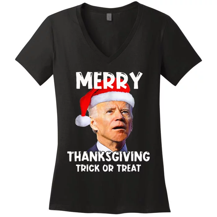 Santa Biden Merry Thanksgiving Trick Or Treat Christmas Meme Women's V-Neck T-Shirt