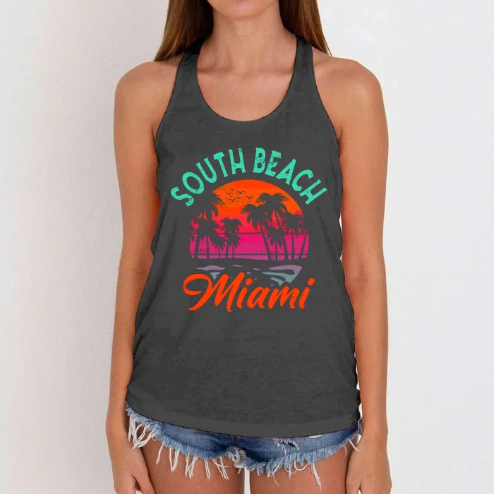 South Beach Miami Florida Sunset Vacation Distressed Retro Women's Knotted Racerback Tank