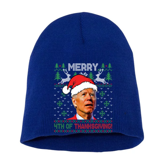 Santa Biden Merry 4th Of Thanksgiving Ugly Christmas Sweater Funny Gift Short Acrylic Beanie