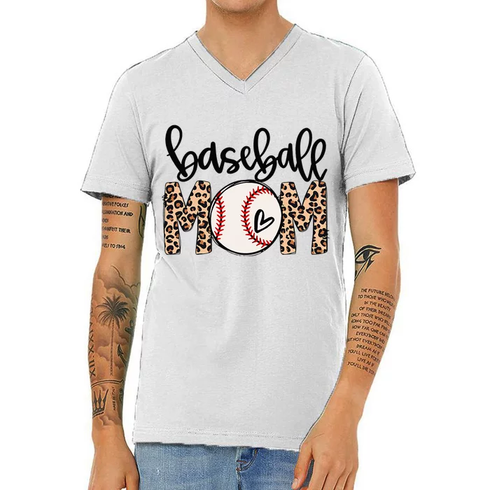 Softball Baseball Mom Leopard Tee Mother's Day V-Neck T-Shirt