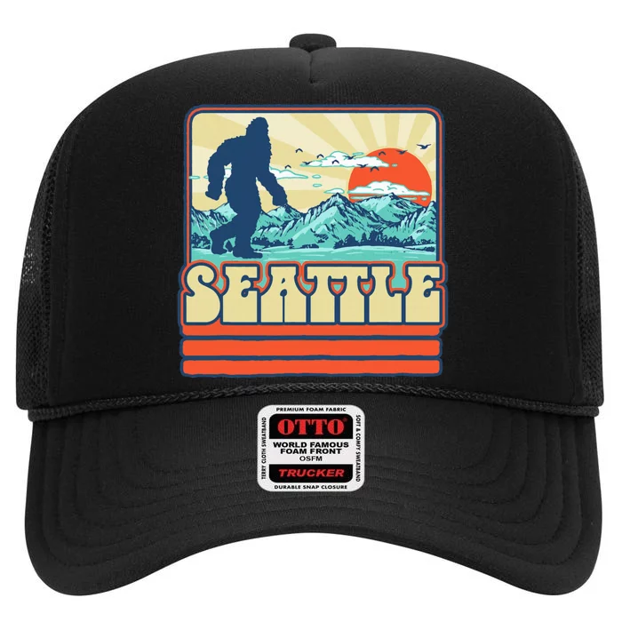 Seattle Bigfoot Mountains Trees Outdoors Retro 80s Vintage High Crown Mesh Trucker Hat