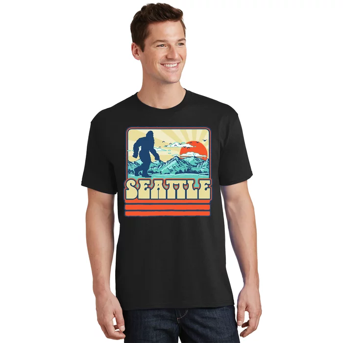 Seattle Bigfoot Mountains Trees Outdoors Retro 80s Vintage T-Shirt