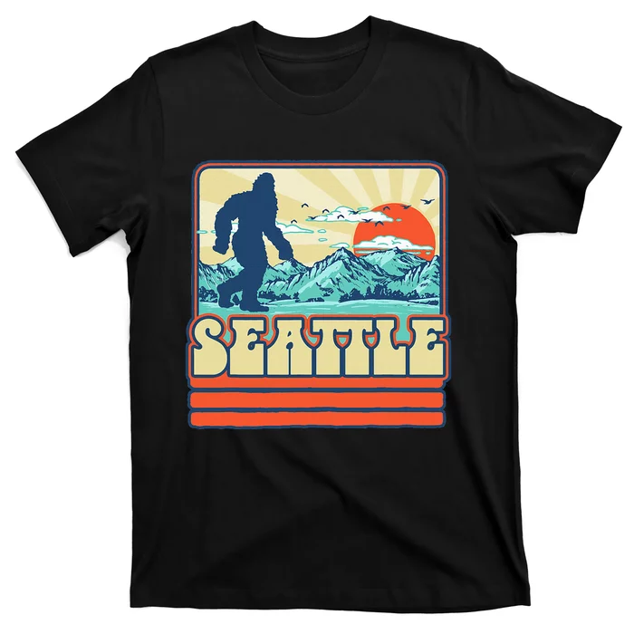 Seattle Bigfoot Mountains Trees Outdoors Retro 80s Vintage T-Shirt