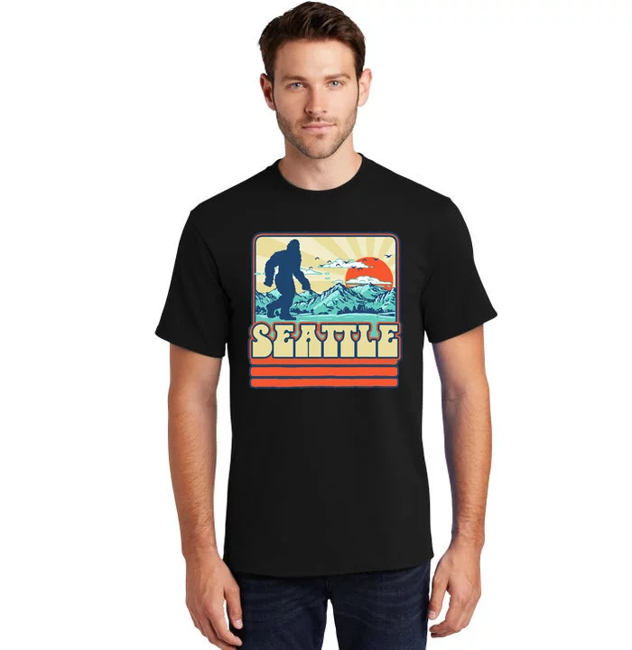 Seattle Bigfoot Mountains Trees Outdoors Retro 80s Vintage Tall T-Shirt