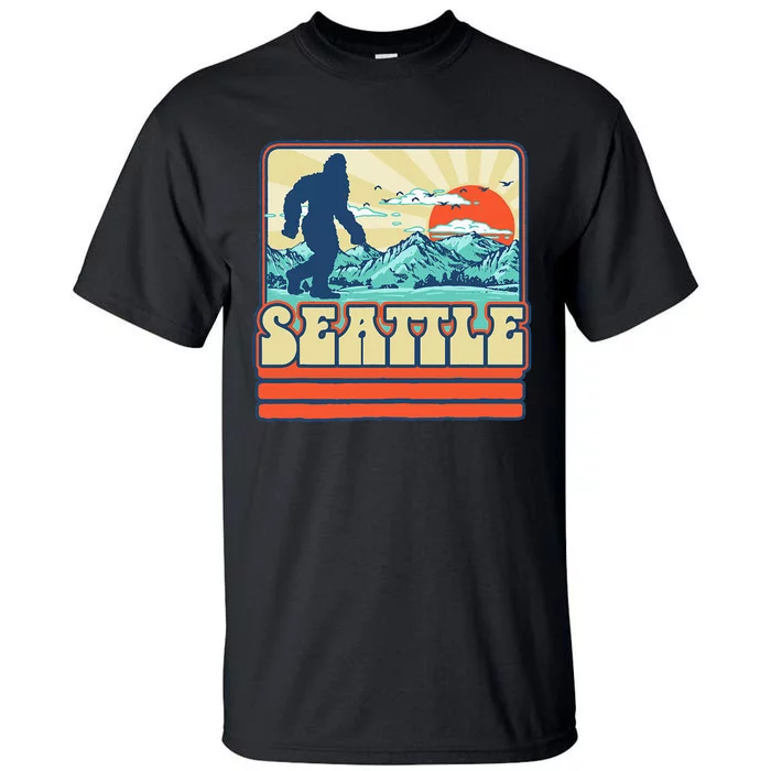 Seattle Bigfoot Mountains Trees Outdoors Retro 80s Vintage Tall T-Shirt