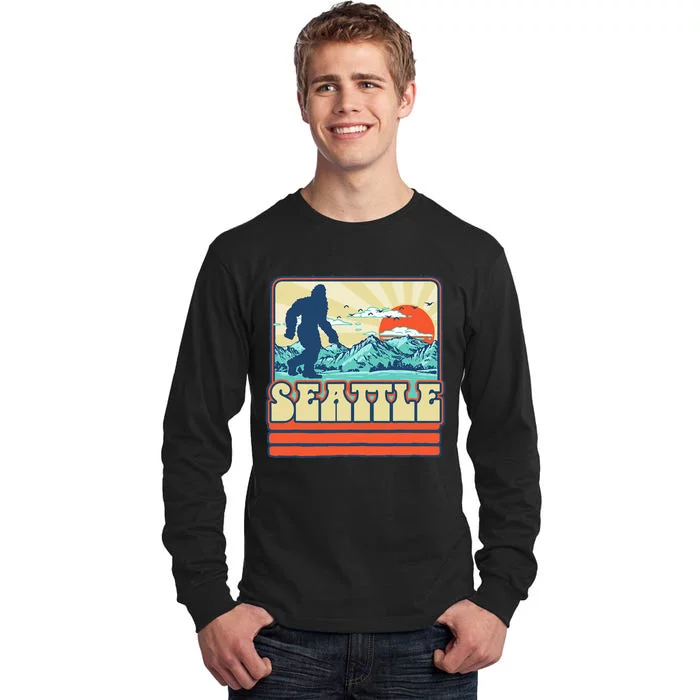 Seattle Bigfoot Mountains Trees Outdoors Retro 80s Vintage Tall Long Sleeve T-Shirt