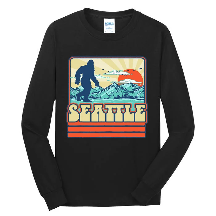 Seattle Bigfoot Mountains Trees Outdoors Retro 80s Vintage Tall Long Sleeve T-Shirt