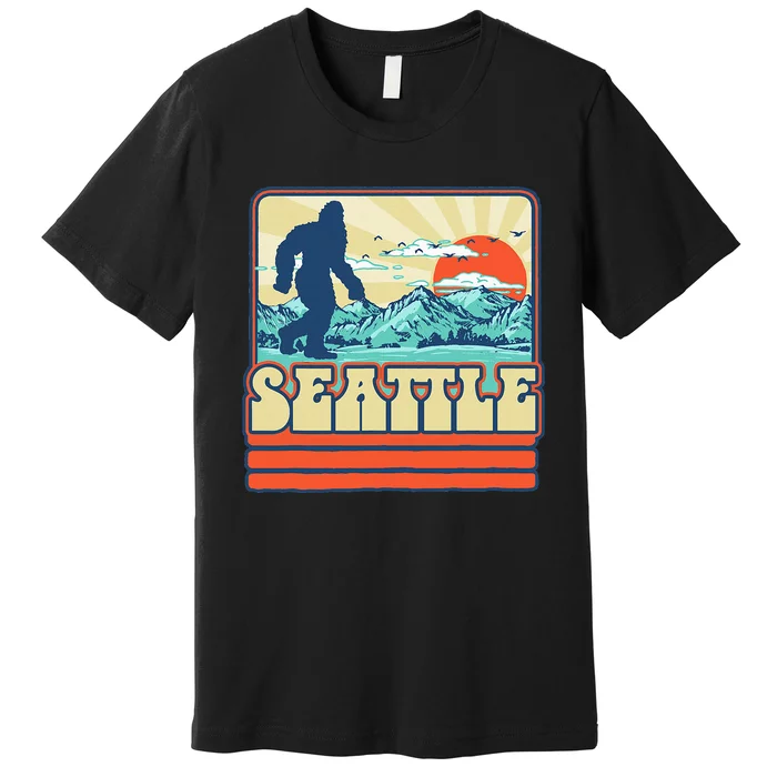 Seattle Bigfoot Mountains Trees Outdoors Retro 80s Vintage Premium T-Shirt