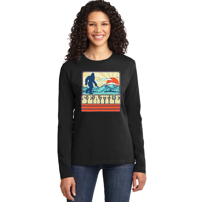 Seattle Bigfoot Mountains Trees Outdoors Retro 80s Vintage Ladies Long Sleeve Shirt