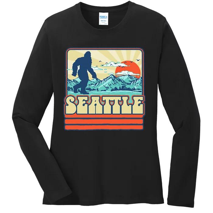 Seattle Bigfoot Mountains Trees Outdoors Retro 80s Vintage Ladies Long Sleeve Shirt