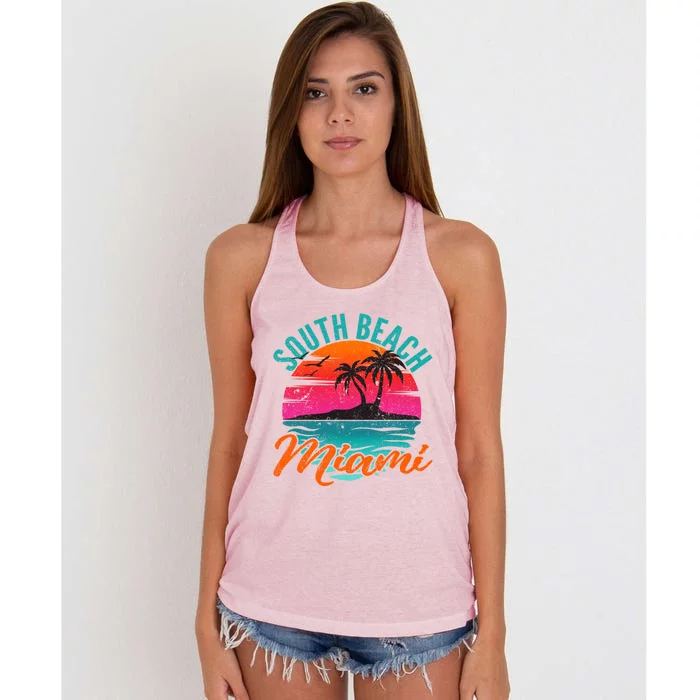 South Beach Miami Florida Sunset Vacation Distressed Grunge Cool Gift Women's Knotted Racerback Tank