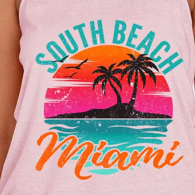 South Beach Miami Florida Sunset Vacation Distressed Grunge Cool Gift Women's Knotted Racerback Tank