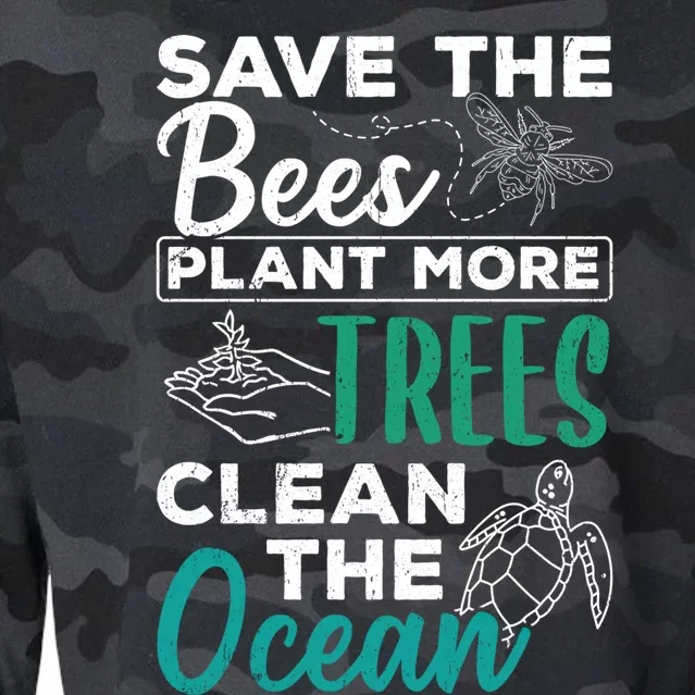 Save Bees More Trees Clean Seas Cool Gift Nature Recycle Earth Gift Cropped Pullover Crew