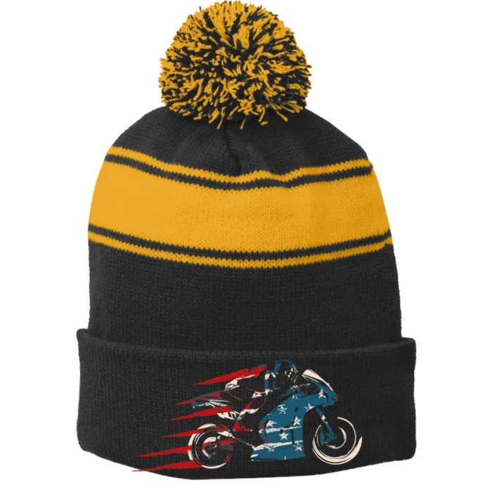 Super Bike Moto GP Pride US Flag Patriotic Dirt Bikers Stripe Pom Pom Beanie