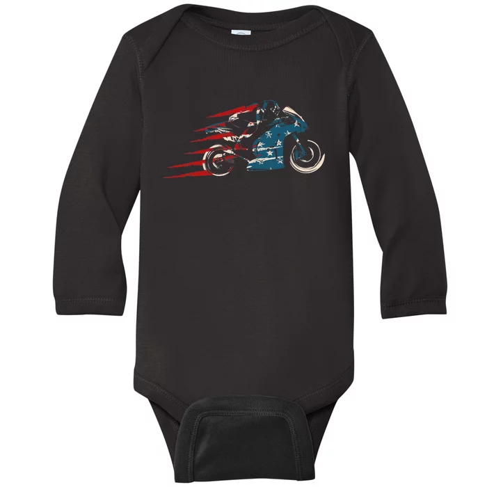 Super Bike Moto GP Pride US Flag Patriotic Dirt Bikers Baby Long Sleeve Bodysuit