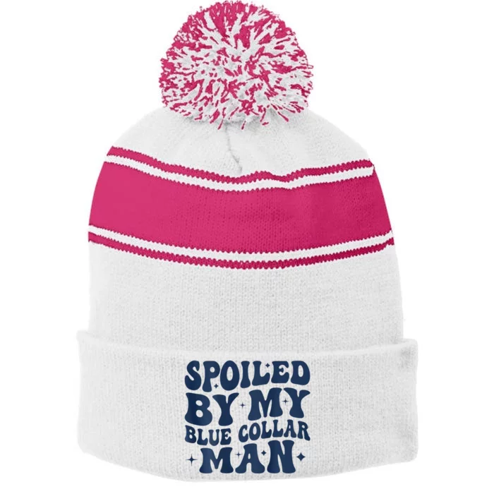 Spoiled By My Blue Collar Man 2 Sided Stripe Pom Pom Beanie