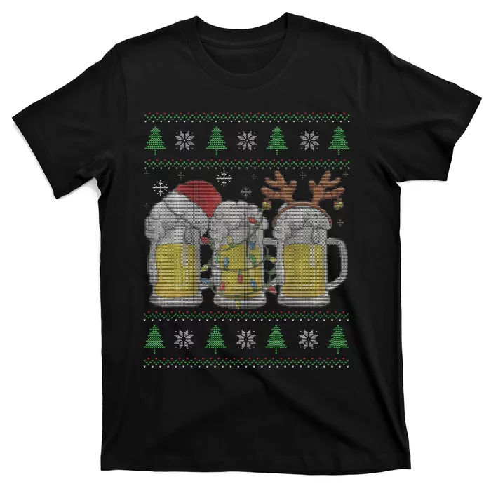 Santa Beer Mugs Ugly Christmas Sweater Festive Ale Lover Gift T-Shirt