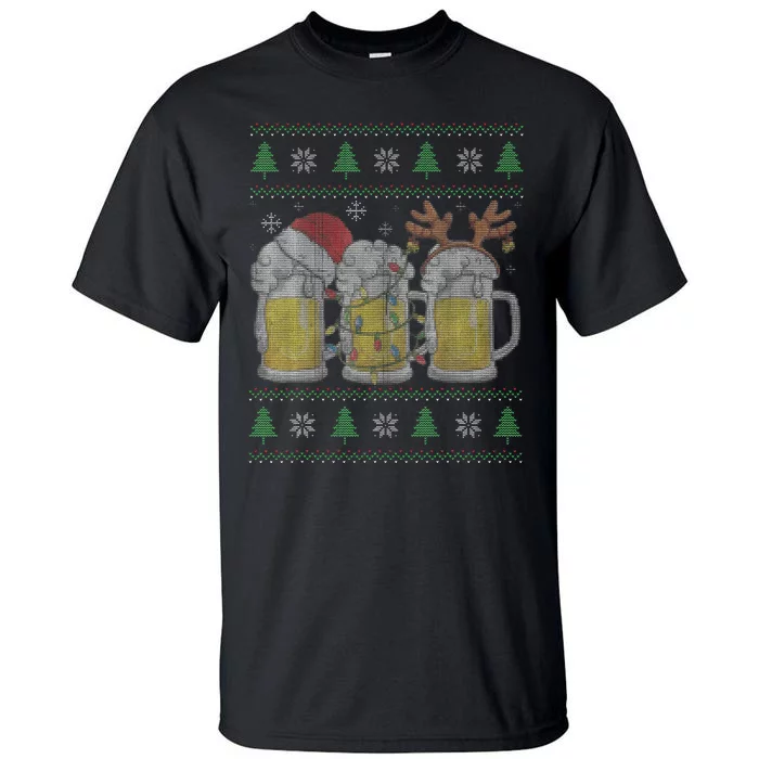 Santa Beer Mugs Ugly Christmas Sweater Festive Ale Lover Gift Tall T-Shirt