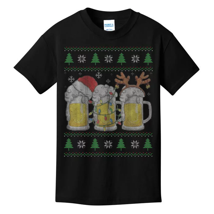 Santa Beer Mugs Ugly Christmas Sweater Festive Ale Lover Gift Kids T-Shirt