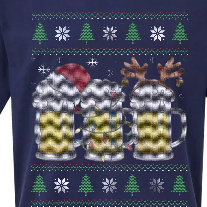 Santa Beer Mugs Ugly Christmas Sweater Festive Ale Lover Gift Sueded Cloud Jersey T-Shirt