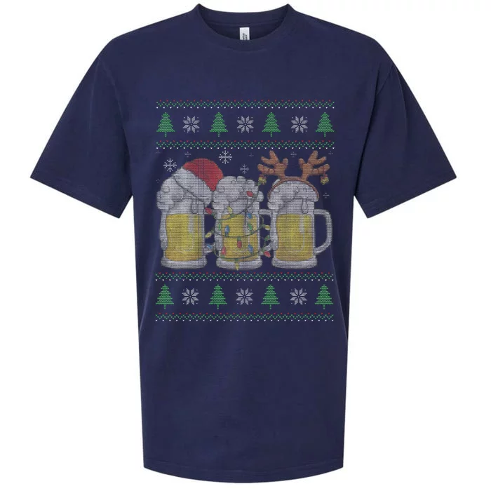 Santa Beer Mugs Ugly Christmas Sweater Festive Ale Lover Gift Sueded Cloud Jersey T-Shirt