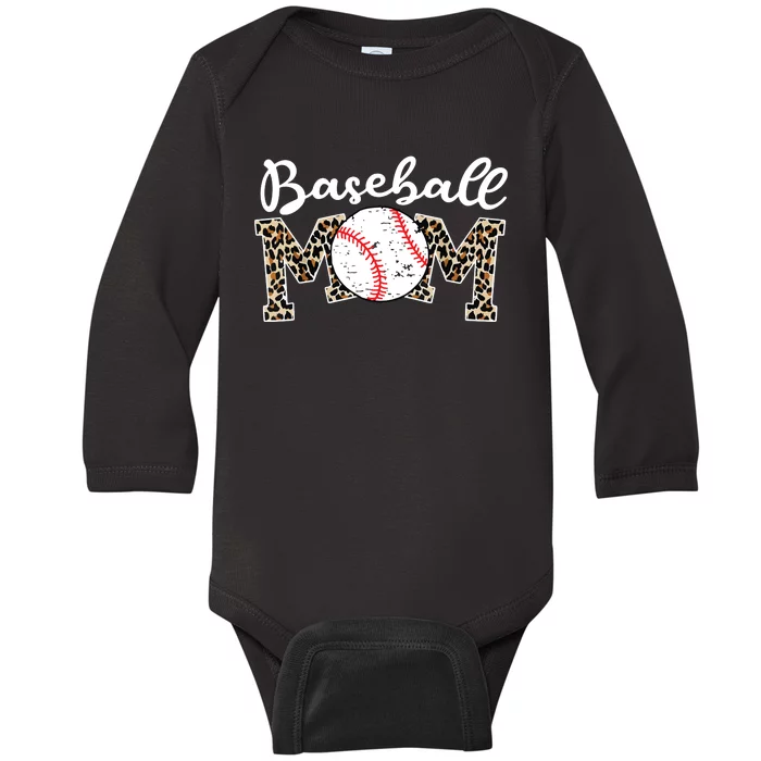 Softball Baseball Mom Leopard Tee Mother's Day Baby Long Sleeve Bodysuit