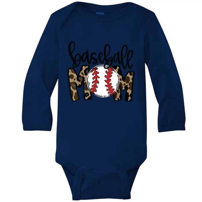 Softball Baseball Mom Leopard Tee Mother's Day Baby Long Sleeve Bodysuit