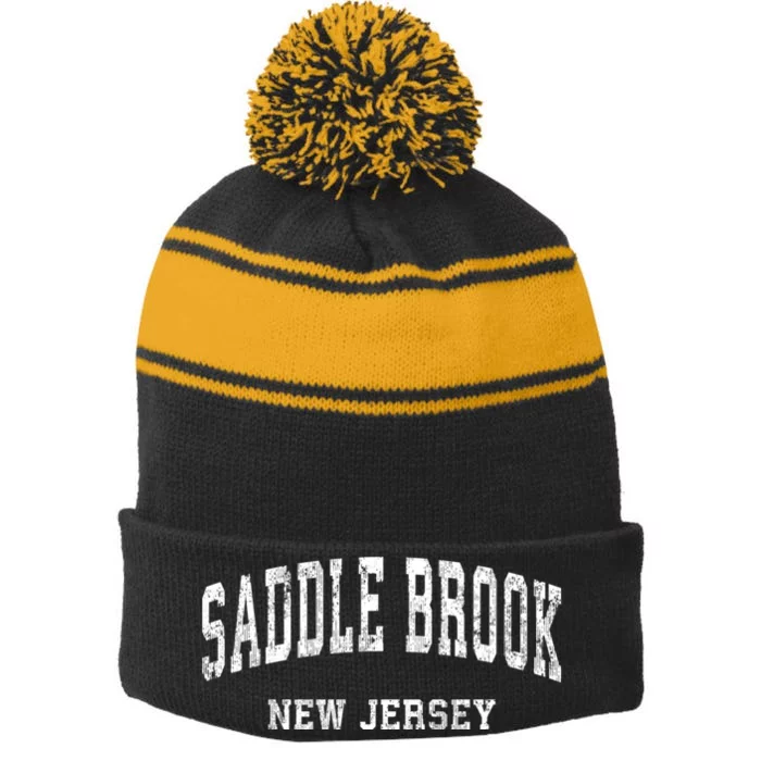 Saddle Brook New Jersey Nj Vintage Varsity Sports Stripe Pom Pom Beanie