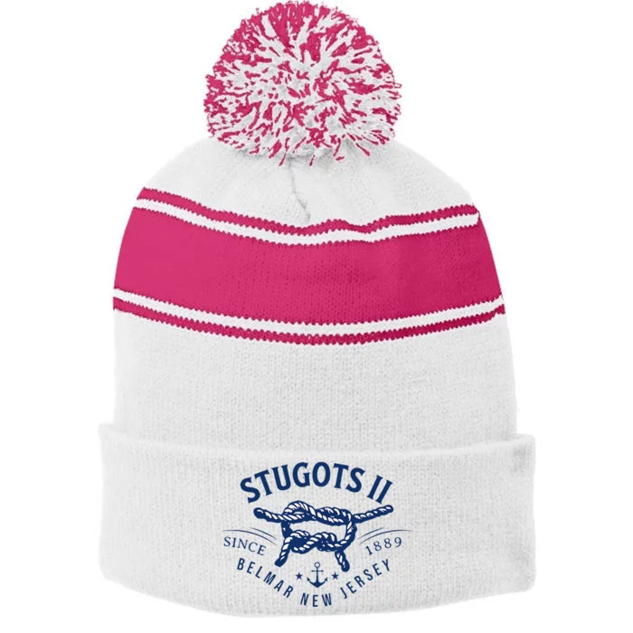 Stugots Belmar Nj Rope Retro Sarcastic Funny Boating Stripe Pom Pom Beanie