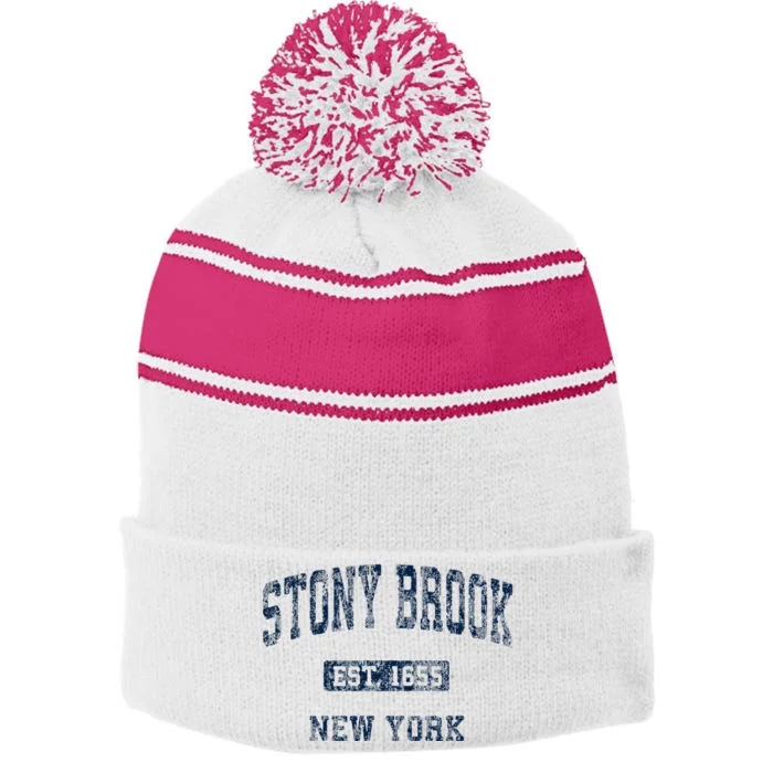 Stony Brook New York Ny Vintage Athletic Stripe Pom Pom Beanie