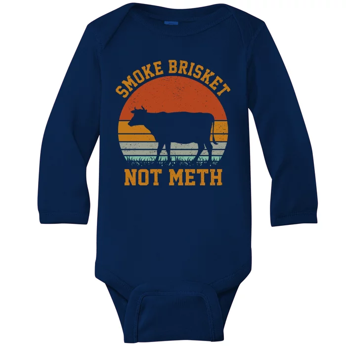 Smoke Brisket Not Meth Vintage Funny Bbq Baby Long Sleeve Bodysuit