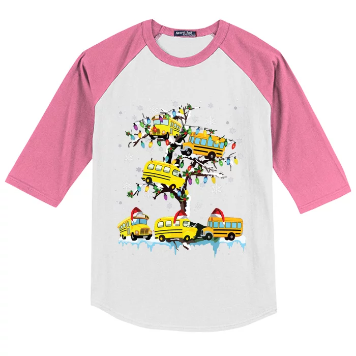 School Bus On Xmas Tree Christmas Santa School Bus Driver Kids Colorblock Raglan Jersey