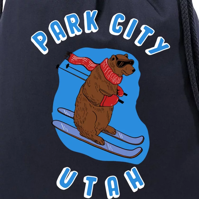 Skiing Bear On Ski Slope Funny Park City Utah Souvenir Funny Gift Drawstring Bag