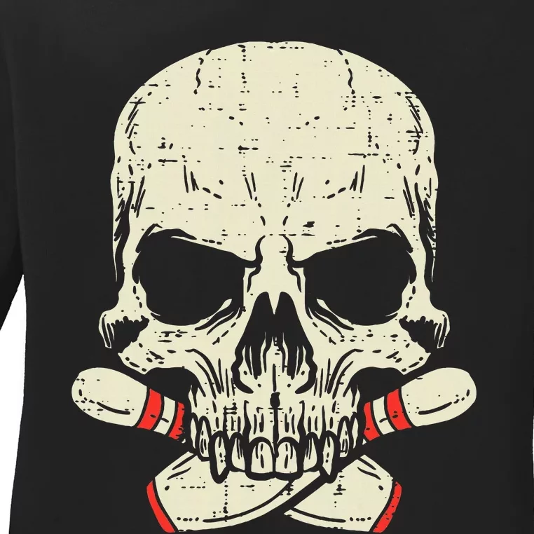 Skull Bowling Pins Skeleton Head Bowler Ladies Long Sleeve Shirt