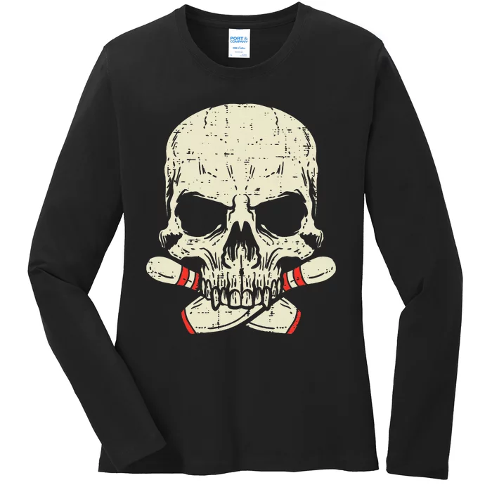 Skull Bowling Pins Skeleton Head Bowler Ladies Long Sleeve Shirt