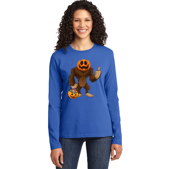 Scary Bigfoot Pumpkin Head Halloween Costume Funny Ladies Long Sleeve Shirt