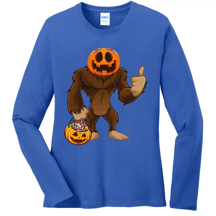 Scary Bigfoot Pumpkin Head Halloween Costume Funny Ladies Long Sleeve Shirt