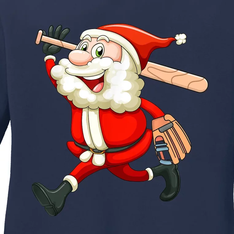 Santa Baseball Player Christmas Cute Sport XMas Pajama Pj Ladies Long Sleeve Shirt