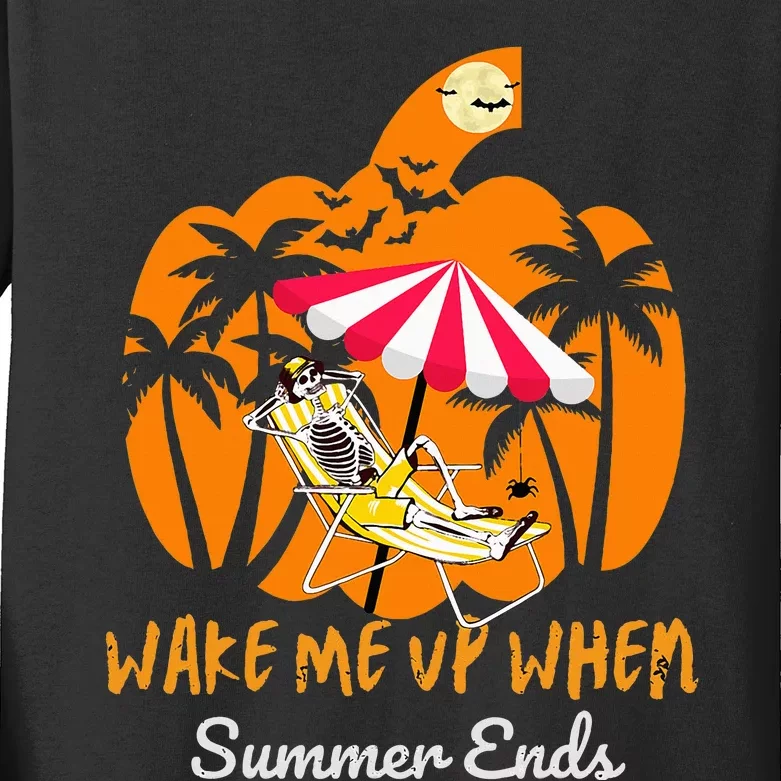 Summerween Beach Pumpkin Skeleton Funny Halloween Holiday Kids Long Sleeve Shirt