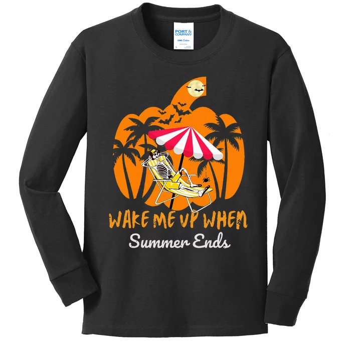 Summerween Beach Pumpkin Skeleton Funny Halloween Holiday Kids Long Sleeve Shirt