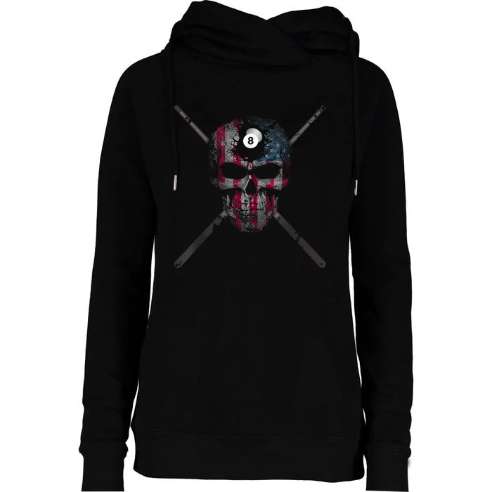 Skull Billiards Pool Player American Flag Best Gift Womens Funnel Neck Pullover Hood