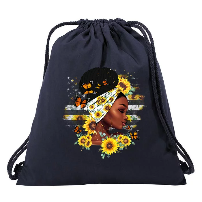 Sunflower Black Queen Black History Month Juneteenth Gift Drawstring Bag