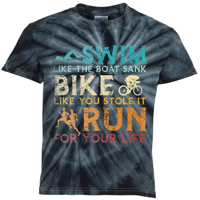 Swim Bike Run Funny Triathlon Kids Tie-Dye T-Shirt