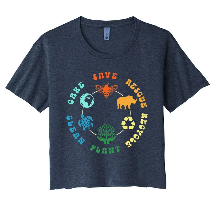 Save Bees Rescue Animals Recycle Plastic Earth Day 2024 Women's Crop Top Tee