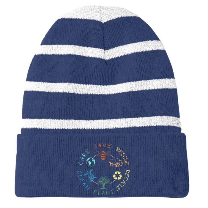 Save Bees Rescue Animals Recycle Plastic Earth Day 2024 Striped Beanie with Solid Band